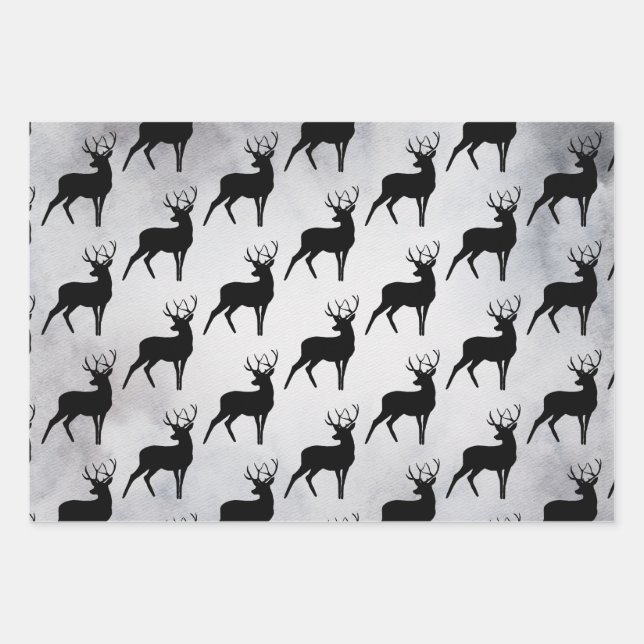 Hirsche mit Antlers Black Silhouette Pattern Geschenkpapier Set (Vorderseite)