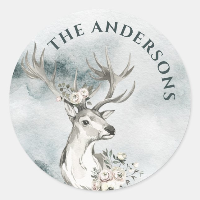 Hirsche mit Blume Aquarellfarben Kleine Rundetiket Runder Aufkleber (Vorderseite)