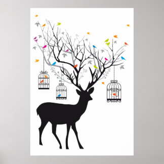Hirsche mit bunten Vögeln und Vogelkäfigen Poster