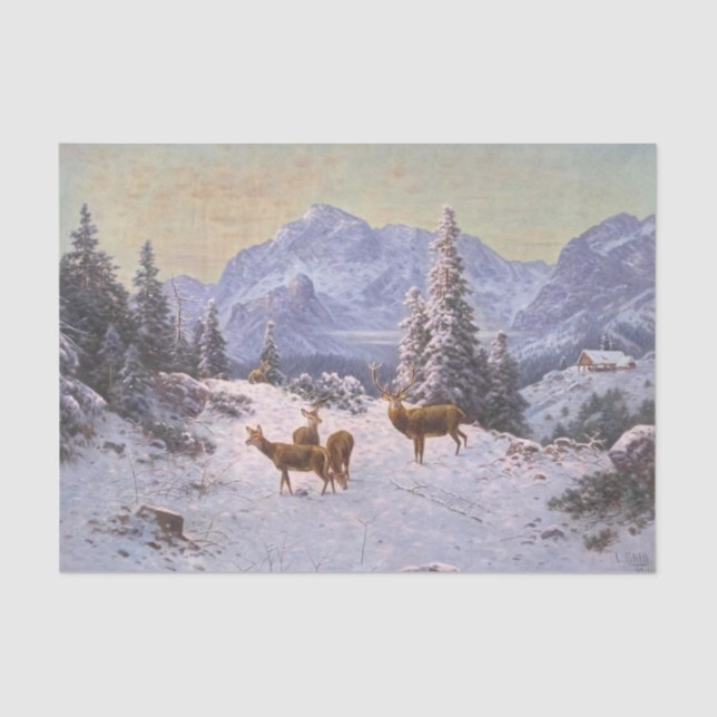 Hirsche mit Herde im Winter, Decoupage Seidenpapier (Vorderseite)