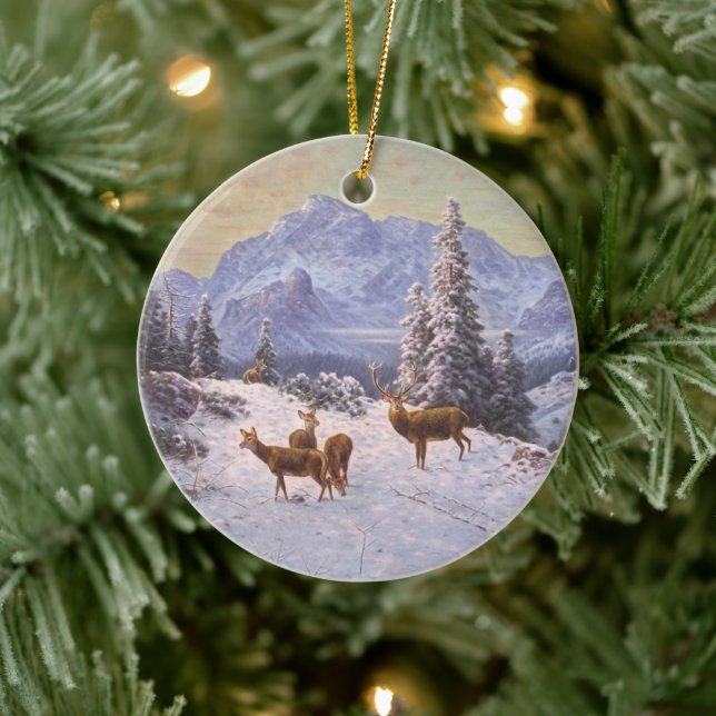 Hirsche mit Herde im Winter, Weihnachtsbaum Keramik Ornament (Baum)