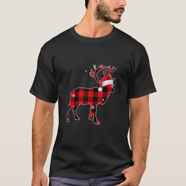Hirsche Rentier Buffalo Karierte Weihnachtsmannmüt T-Shirt (Vorderseite)