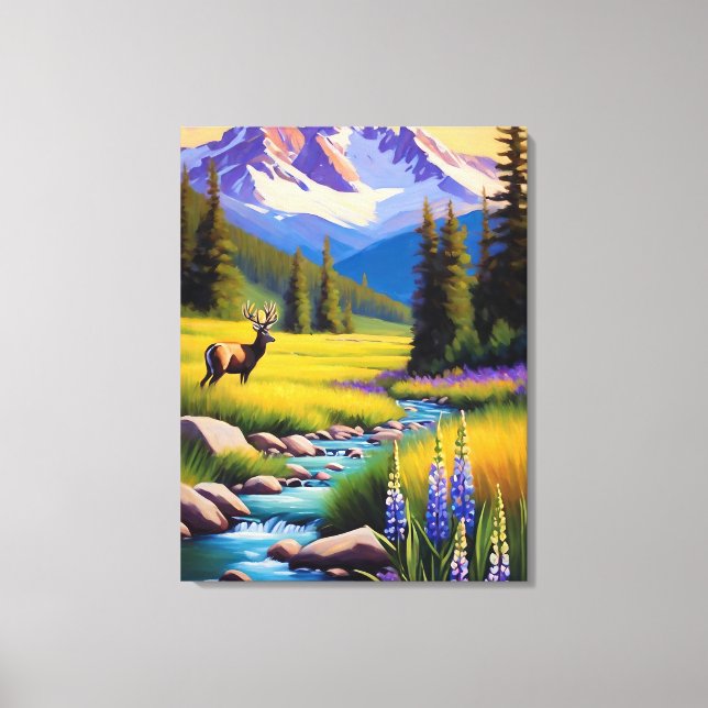 Hirsche Rocky Mountain Spring Wiese Sunshine Lupin Leinwanddruck (Vorderseite)