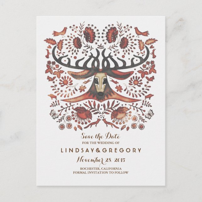 Hirsche Rustikale Waldtiere Save the Date Ankündigungspostkarte (Vorderseite)