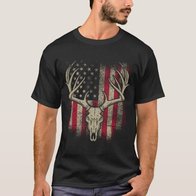Hirsche Schädel Junter Amerikanische Flagge Hirsch T-Shirt (Vorderseite)