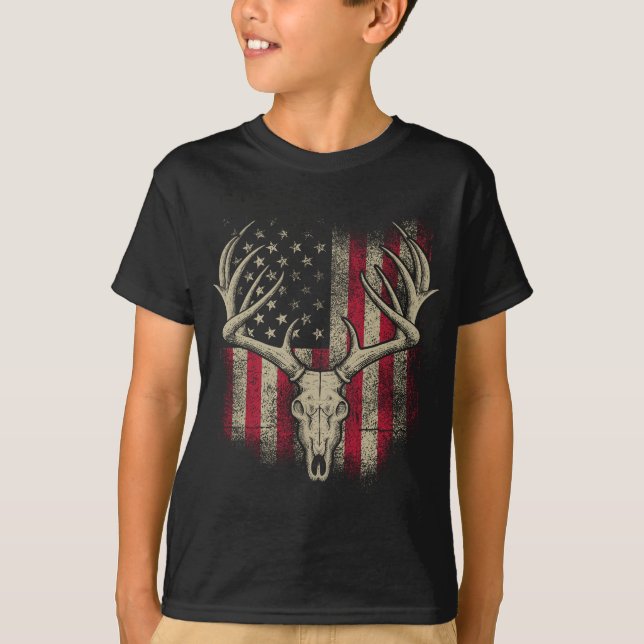 Hirsche Schädel Junter Amerikanische Flagge Hirsch T-Shirt (Vorderseite)