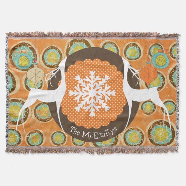 Hirsche, Schneeflocken und Ornamente Holiday Throw Decke (Vorderseite)