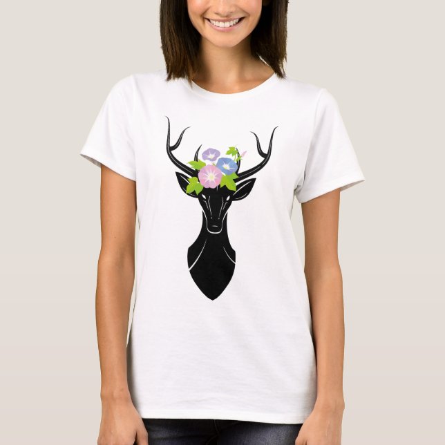 Hirsche Silhouette Morning Glory Blume Tiere T-Shirt (Vorderseite)