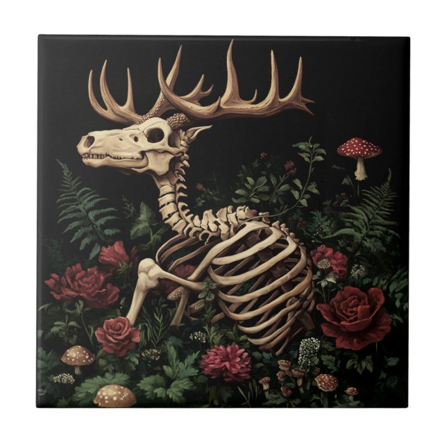 Hirsche Skeleton Mystical Gothic Floral Fliese (Vorderseite)