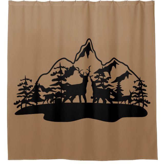 Hirsche und Berge Silhouette Duschvorhang (Vorderseite)