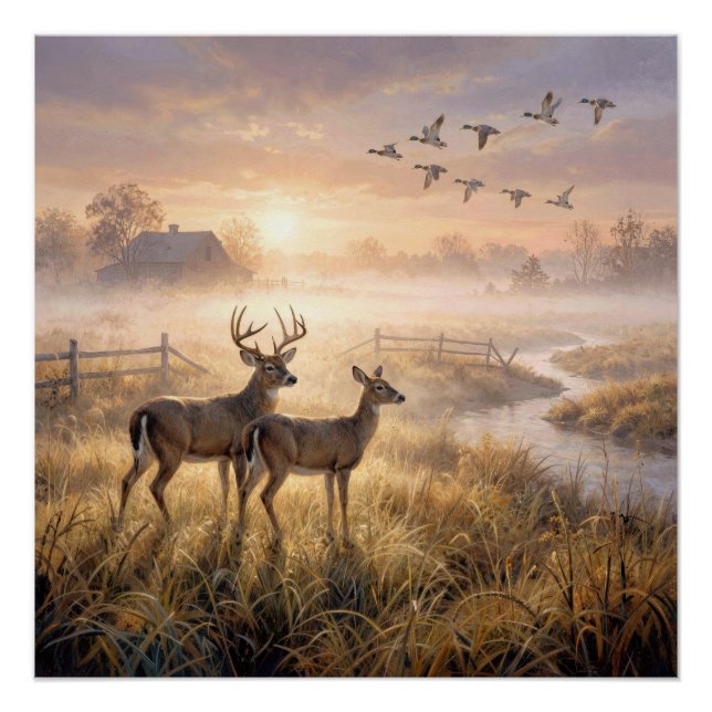 Hirsche und Enten im Morgennebel Poster (Vorderseite)