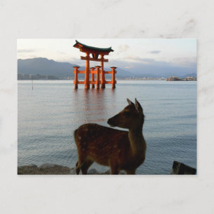 Hirsche und große rote Tore in Miyajima in Japan Postkarte