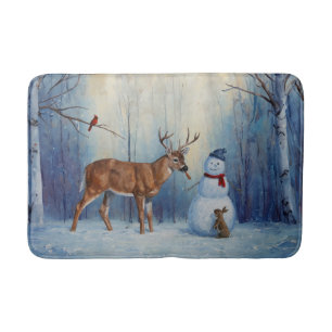 Hirsche und Happy Snowman Winterurlaubslandschaft Badematte