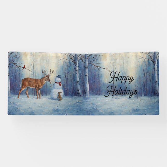 Hirsche und Happy Snowman Winterurlaubslandschaft Banner (Horizontal)