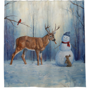 Hirsche und Happy Snowman Winterurlaubslandschaft Duschvorhang