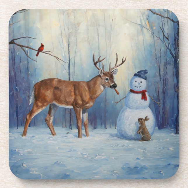 Hirsche und Happy Snowman Winterurlaubslandschaft Getränkeuntersetzer (Vorderseite)