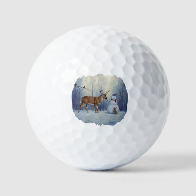Hirsche und Happy Snowman Winterurlaubslandschaft Golfball (Vorderseite)
