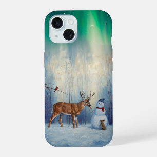 Hirsche und Happy Snowman Winterurlaubslandschaft iPhone 15 Hülle