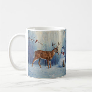 Hirsche und Happy Snowman Winterurlaubslandschaft Kaffeetasse