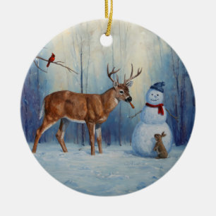 Hirsche und Happy Snowman Winterurlaubslandschaft Keramik Ornament