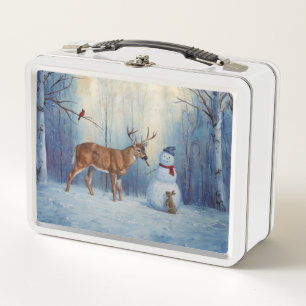 Hirsche und Happy Snowman Winterurlaubslandschaft Metall Brotdose