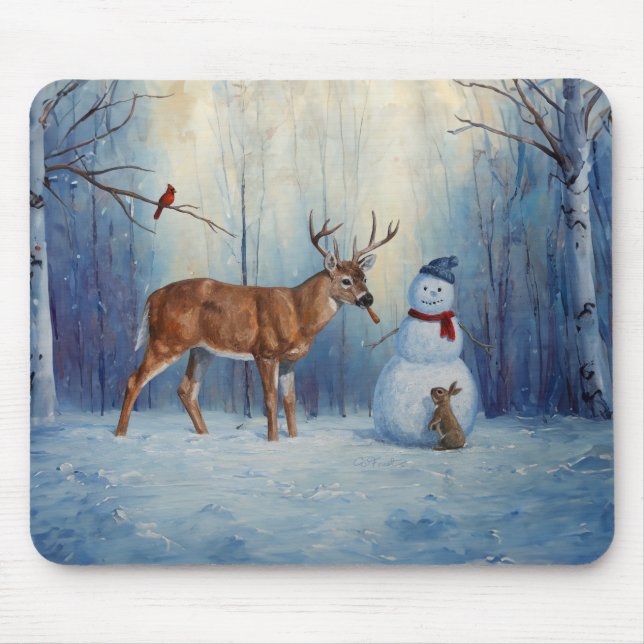 Hirsche und Happy Snowman Winterurlaubslandschaft Mousepad (Vorne)