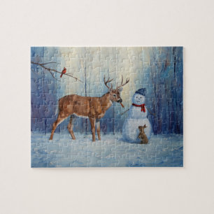 Hirsche und Happy Snowman Winterurlaubslandschaft Puzzle