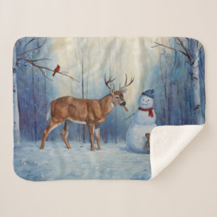 Hirsche und Happy Snowman Winterurlaubslandschaft Sherpadecke