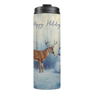 Hirsche und Happy Snowman Winterurlaubslandschaft Thermosbecher