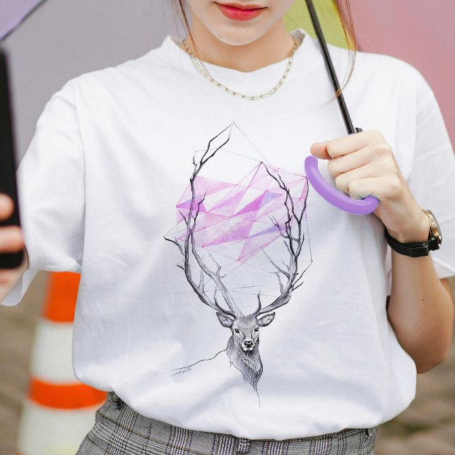 Hirsche und rosa geometrisches Herz Elegante Tierk T-Shirt (Von Creator hochgeladen)