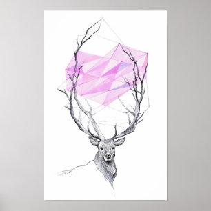 Hirsche und rosa geometrisches Herz zeichnend Tier Poster