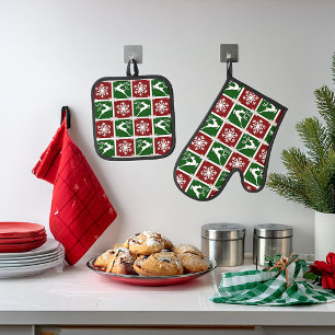 Hirsche und Schneeflocken  Ofenhandschuh & Topflappen-Set