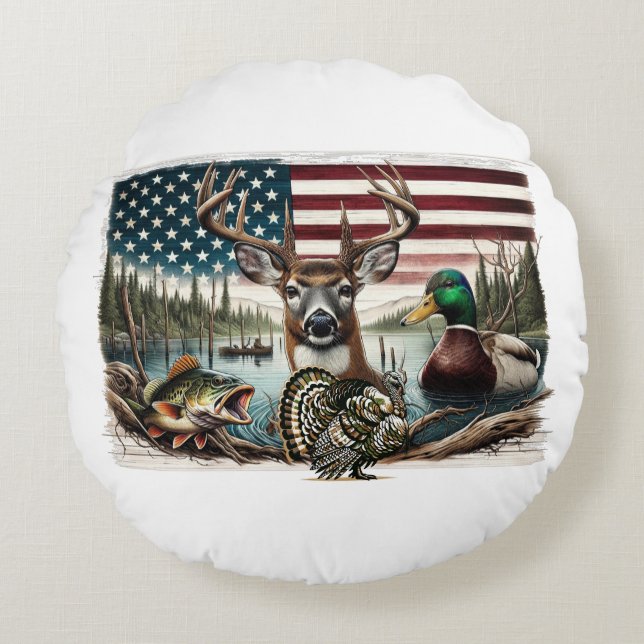 Hirsche und USA Land Rundes Kissen (Vorderseite)