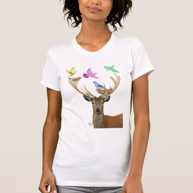 Hirsche und Vögel Nests Pastel Shades T-Shirt (Vorderseite)