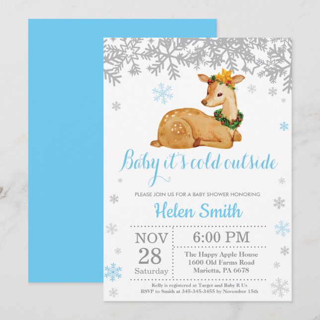 Hirsche Winter Blue Boy Baby Showflake Einladung (Vorne/Hinten)