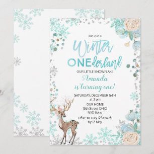 Hirsche Winter ONEderland Schnee Geburtstag Einlad Einladung