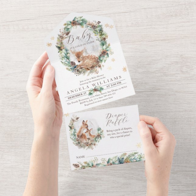 Hirsche Winterwald Kälte Außendusche All In One Einladung (Abreißen)