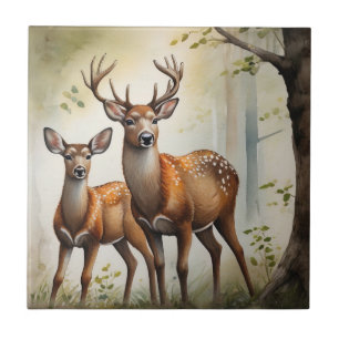 Hirschfamilie auf Waldlichtung Wildlife Fliese