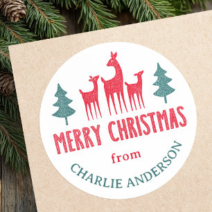 Hirschfamilie Frohe Weihnachten von Namensschilder Runder Aufkleber