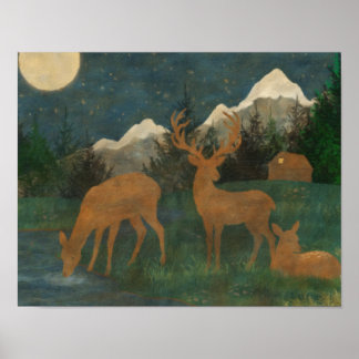 Hirschfamilie neben einem Bach Cottagecore-Malerei Poster