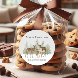 Hirschfamilien Winterschnee Frohe Weihnachten Runder Aufkleber