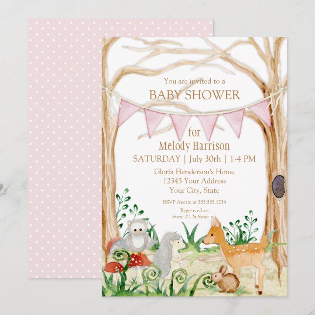 Hirschfox-Süße Tier Kaninchenwälder Kinderdusche Einladung (Vorne/Hinten)