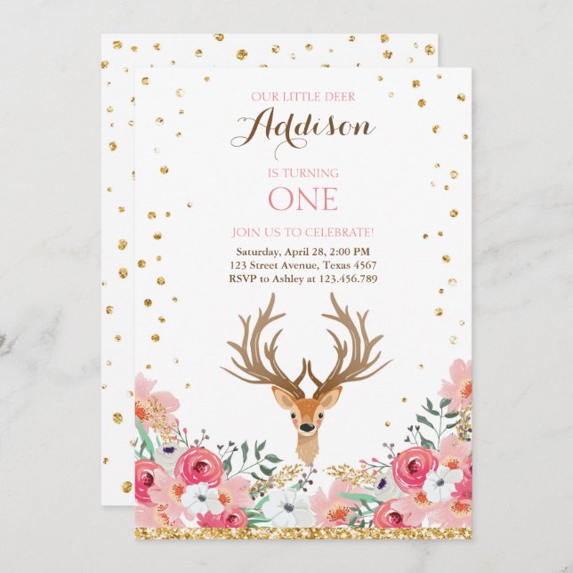 Hirschgeburt einladen Woodland Gold Pink Flora Einladung (Vorne/Hinten)