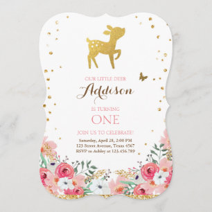 Hirschgeburt einladen Woodland Gold Pink Floral Einladung