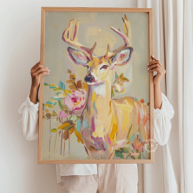 Hirschgemälde Florale Pastell-Wandbild Poster (Modern Abstract Deer Painting Floral pastel Print)
