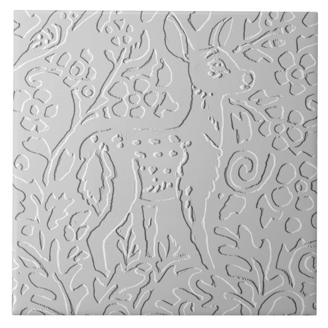 Hirschgewächse Weiß Grau Embossed Woodland Animal Fliese (Vorderseite)