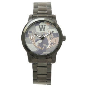 Hirschgeweih auf grauem Hintergrund Herren-Uhr Armbanduhr