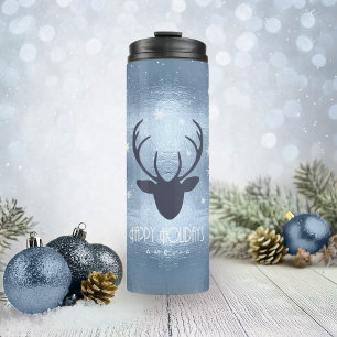 Hirschgeweih-Silhouette & Schneeflocken Blau ID861 Thermosbecher