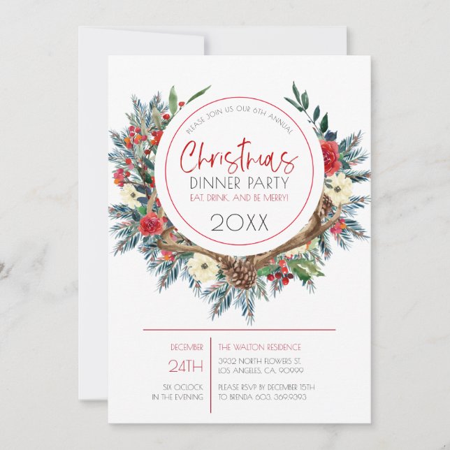 Hirschgeweihe mit Weihnachtskranz in Blume Feiertagskarte (Vorderseite)