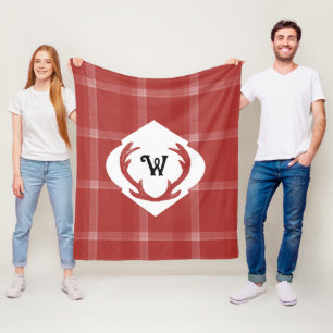 Hirschgeweihe Rustikal Minimales Monogramm Burgund Fleecedecke